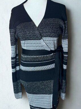 Diane von Furstenberg DVF Metallic Knit Wrap Dress Large Black Gray Long Sleeve